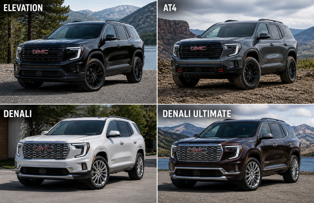 2026 GMC Acadia Trim Levels: Elevation,AT4, Denali, Denali Ultimate.